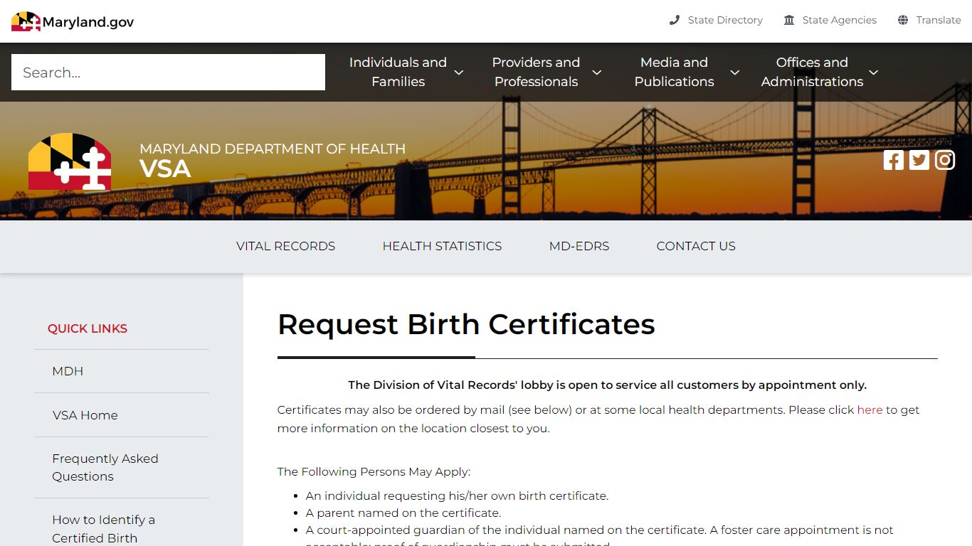 Maryland Department of Health birth
